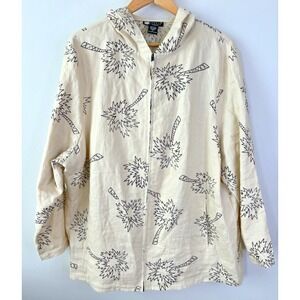 CAROLE LITTLE Womens Jacket 1X Vintage Linen 3/4 Sleeve Palm Trees Hooded